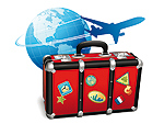 Reiseillustrasjon med tegning av et fly, en koffert og en globus. Copyright: iStockphoto