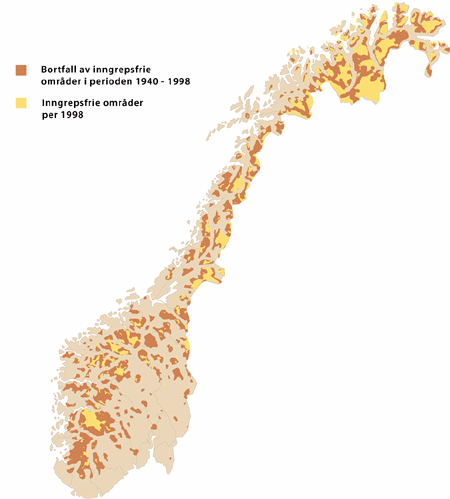 Villmarkspregede områder per 1998 og tap av slike områder i perisoden 1940-1998.
