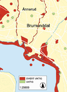 Kartlegging av biologisk mangfold gir viktig underlag for planlegging og forvaltning av naturressurser. 170 kommuner deltar pr i dag i MD/DNs kartleggingsprosjekt. Her eks. fra Ringsaker kommune i Hedmark. Kilde: Ringsaker kommune og Direktoratet for naturforvaltning.