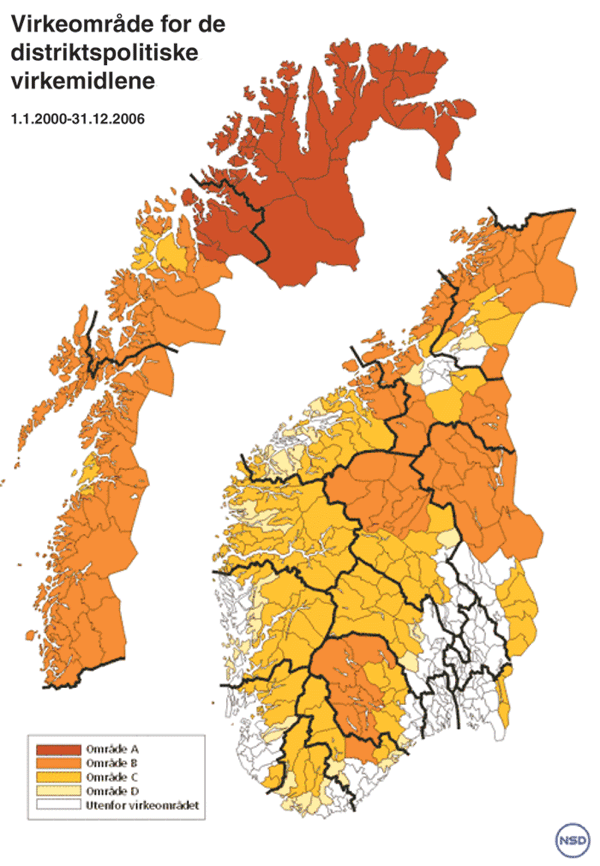 Figur 4.1 Dersom unntaksreglane omkring distriktspolitisk grunna
statsstøtte skal nyttast, må regionen
liggje innanfor områda A, B og C på kartet. Kategoriseringa
A, B og C er knytt til ei gradering av maksimalsatsar
for støtte til investeringar.
