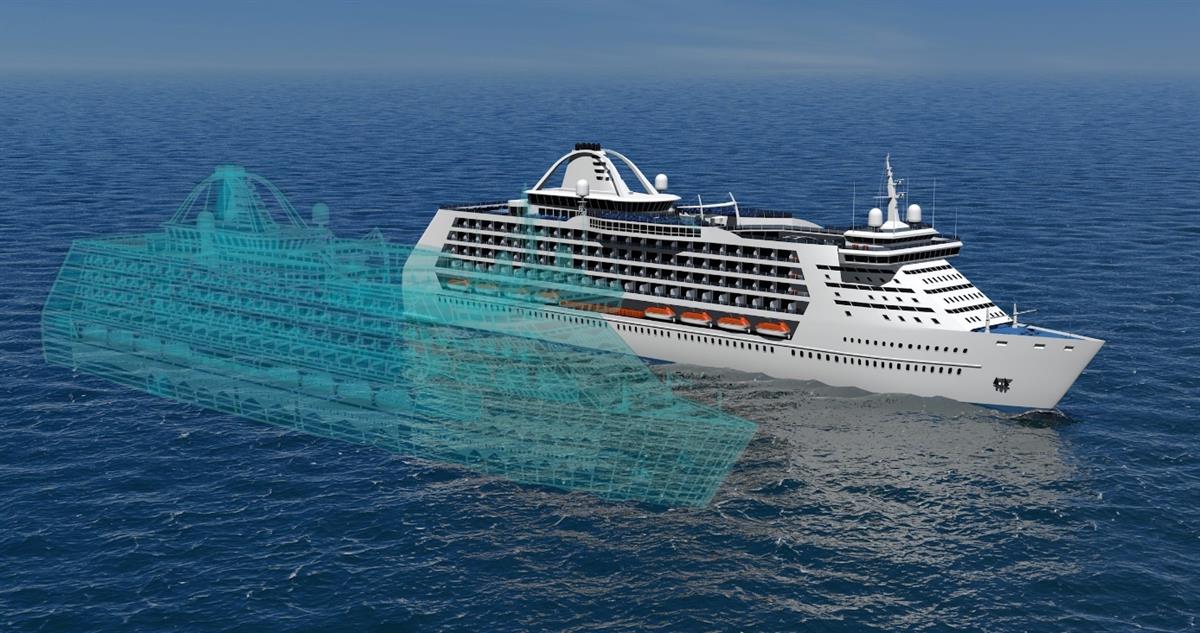 A ship with a digital representation superimposed to illustrate a digital twin.