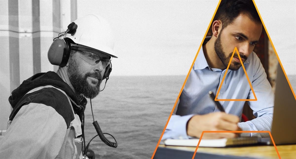 Divided picture. On one side a man wearing protective gear with ocean in the background. On the other side the same man studying at a table.