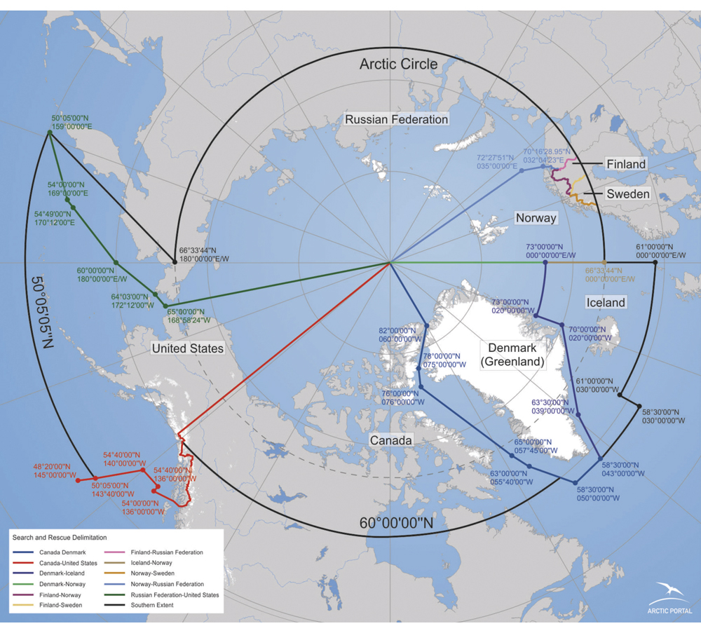 Figur 15.1 Illustrasjonen viser hvordan hovedansvaret for søk og redning i Arktis er fordelt mellom de åtte nasjonene som grenser til Arktis, i henhold til SAR-Arktis avtalen.
