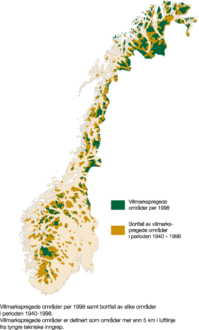 Figur 3.3 Bortfall av inngrepsfrie naturområder i perioden 1900–1998
