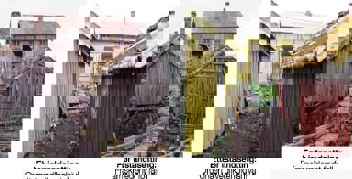 Figur 5.3 Bildene viser en og samme bygning ved framskredent forfall
 og etter istandsetting til ordinært vedlikeholdsnivå