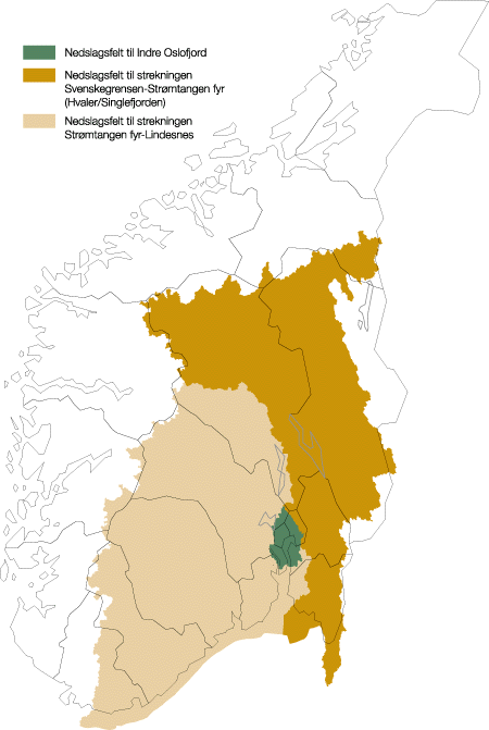 Figur 6.1 Nedbørsfelt som drenerer til det eutrofipåvirkede
 området fra svenskegrensen til Lindesnes.
