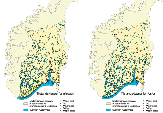 Figur 6.3 Tilstandsklasser for nitrogen- og fosforkonsentrasjon i innsjøer
 som drenerer til området fra svenskegrensen til Lindesnes