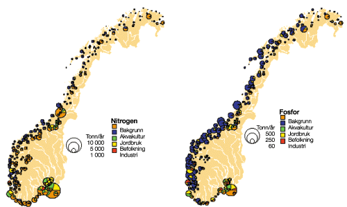 Figur 6.4 Beregnede fosfor- og nitrogentilførsler til kystområder,
 fordelt på kilder.