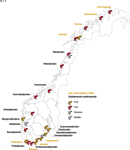 Figur 7.5 Områder belagt med kostholdsråd eller -restriksjoner.
 Dette er områder der miljøgiftinnholdet er så høyt
 at næringsmiddelmyndighetene har innført forbud
 mot omsetning og/eller råd om øvre grense
 for inntak av fisk og skalldyr