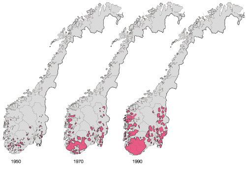 Figur 9.7 Områder i Norge med skader på fisk 1950–1990