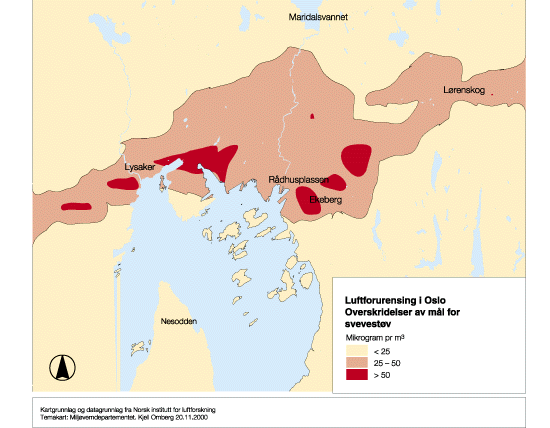 Figur 9.10 Overskridelser av mål for svevestøv. Figuren
 viser områder der det er beregnet at det nasjonale resultatmålet
 for svevestøv overskrides i Oslo, under normale meteorologiske
 forhold og dagens utslippsnivå. (Beregningene er beheftet
 med usikker...