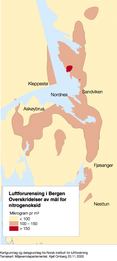 Figur 9.12 Overskridelser av mål for nitrogendioksid. Figuren
 viser områder hvor det er beregnet at det nasjonale resultatmålet
 for nitrogendioksid overskrides i Bergen med normale meteorologiske
 forhold og dagen utslippsnivå. (Beregningene er beheftet
 ...