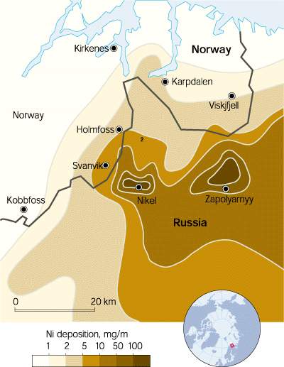 Figur 10.1 Årlig avsetning av tungmetaller rundt byene Nikel og Zapoljarnyj