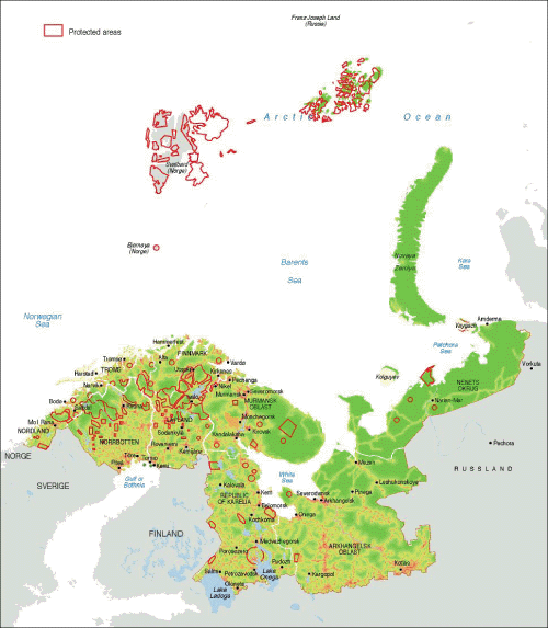 Figur 10.2 Verneområder og villmarkspregete naturområder
 i Barentsregionen. Fargeskalaen fra rød til mørk
 grønn representerer økende avstand til bosettinger,
 transportårer og andre tyngre, tekniske naturinngrep
