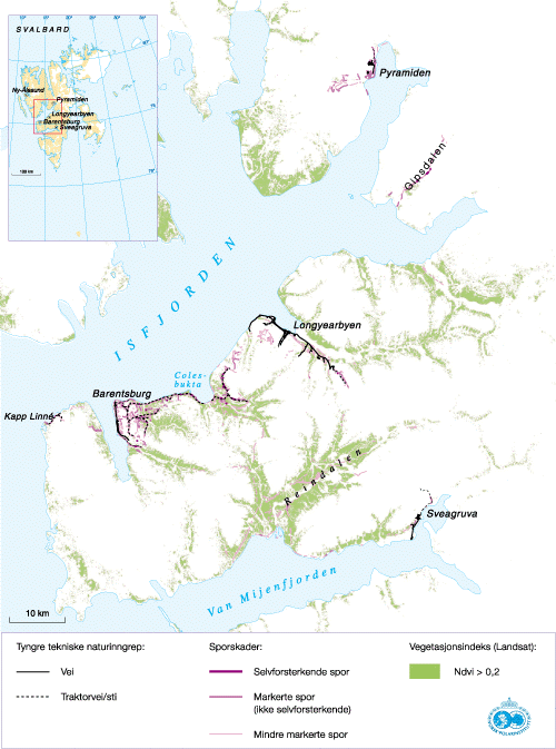Figur 10.3 Tyngre, tekniske naturinngrep og sporskader i områder
 med sammenhengende vegetasjonsdekke på det sentrale Spitsbergen.
 Grønnfarge angir områder med sammenhengende, grønn
 vegetasjon.