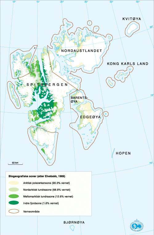 Figur 10.4 Andel av arealet som er vernet innenfor ulike biogeografiske
 soner på Svalbard