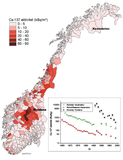 Figur 10.6 Fordeling av nedfall etter Tsjernobyl-ulykken. Tidsutvikling
 av aktivitetsnivået i en reinsdyrbesetning, i sopp fra
 gitte geografiske områder samt i utvalgte befolkningsgruppe