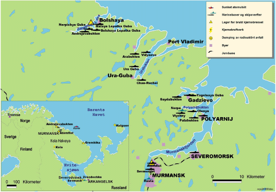 Figur 10.7 Nåværende og potensielle kilder til radioaktiv
 forurensning i nordlige områder
