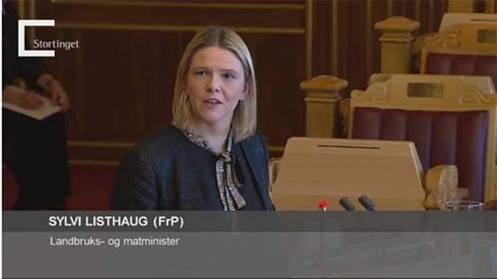 Landbruks- og matminister Sylvi Listhaug under spørjetimen på Stortinget i dag. 