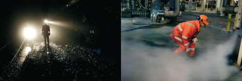 Figur 7.6 Aktivt HMS-arbeid er spesielt viktig innen energisektoren.
 Bildene viser aktivitet i Svea-gruven på Svalbard samt
 på Kårstø.