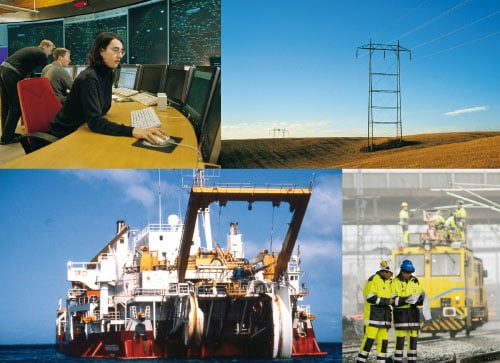 Figur 7.7 Statnett og Baneservice er eksempler på selskaper
 som forvalter samfunnskritisk infrastruktur. Bildene viser legging
 av sjøkabel, Statnetts landssentral og transformatorstasjon
 på Smestad. Samt vedlikeholdsarbeidere i aksjon hos Baneservice.
 ...