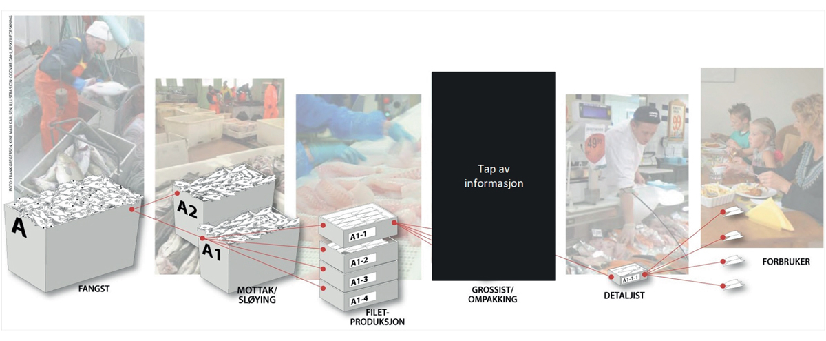 Figur 11.4 Illustrasjon på hva som skjer dersom ikke alle byggesteinene for sporbarhet er på plass – informasjonen går tapt