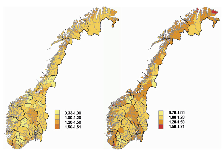 Figur 10.1 Prosentvis auke i talet på vasskadar på bustadhus fram til 2100 ut frå to ulike klimamodellar og utsleppsscenario (IPCC): Hadley-A2 (v) og Echam-B2 (h). Kvar fargekode er eit intervall for endring i talet på skadar (1,00-1,20 svarar til 0–20 prosent ...