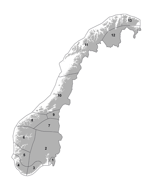 Figur 5.6 Nedbørregionar i Noreg