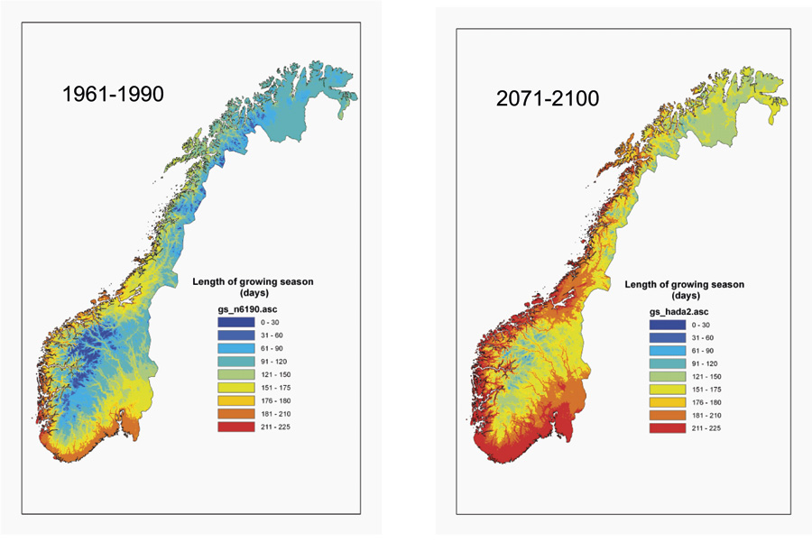 Figur 8.1 Kartet til venstre viser lengda på vekstsesongen i perioden 1961–90. Utbreiinga av flått i dag samsvarer med 176 eller fleire vekstdøgn, markert på kartet med oransje til raud farge. Framskrivingane av lengda på vekstsesongen i perioden 2071–2100 (ka...