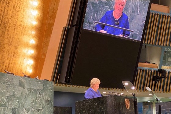 Prime Minister Erna Solberg talks at the UN General Assembly 