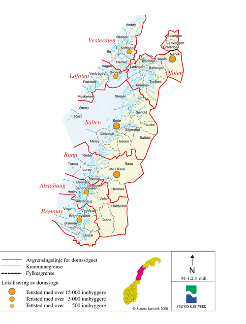 Figur 14.6 Kart over ny domstolstruktur i Nordland fylke