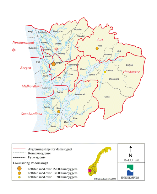 Figur 14.15 Kart over dagens domstolstruktur i Hordaland fylke