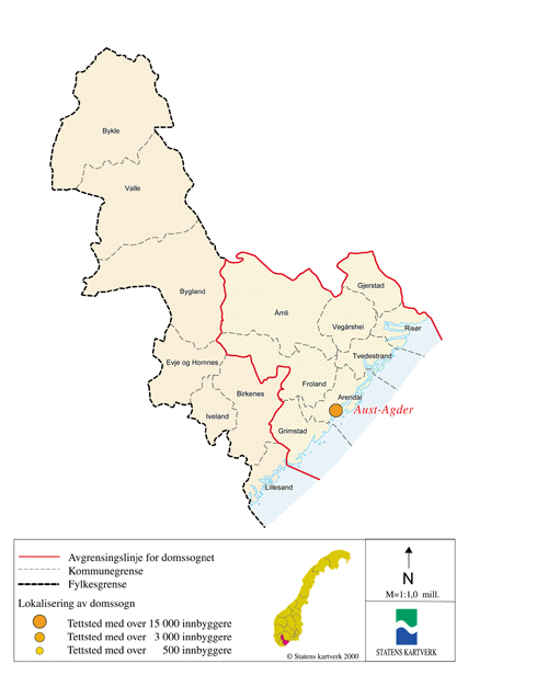 Figur 14.22 Kart over ny domstolstruktur i Aust-Agder fylke