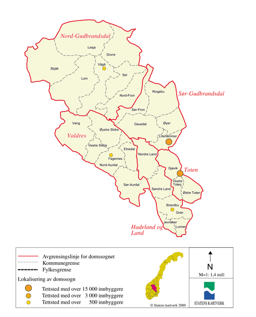 Figur 14.33 Kart over dagens domstolstruktur i Oppland fylke
