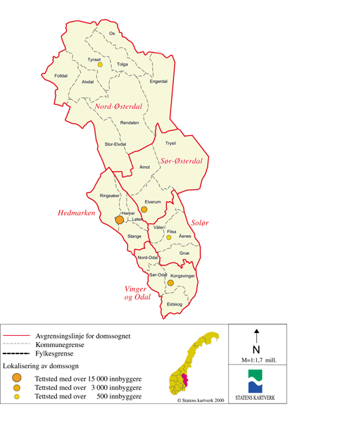 Figur 14.35 Kart over dagens domstolstruktur i Hedmark fylke