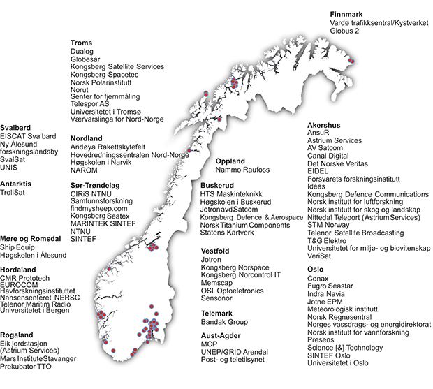 Figure 3.4 Geographical overview of Norwegian businesses engaged in space