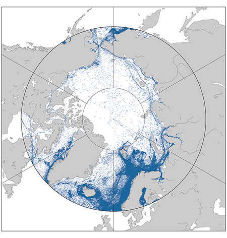 Figur 4.1 Skipstrafikk nord for 60 grader (perioden 01.10.2010–01.10.2012)