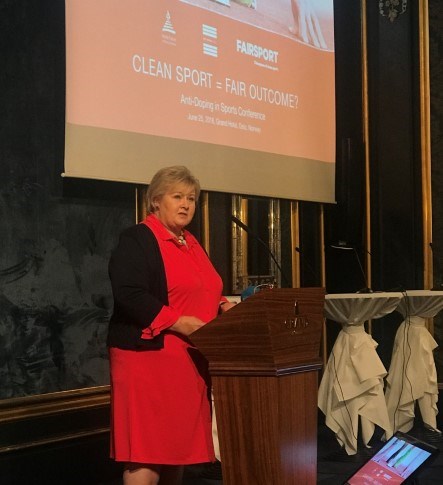 Prime Minister Erna Solberg at the Round table Conference Clean Sport = Fair Outcome? in Oslo 25 June 2018.
