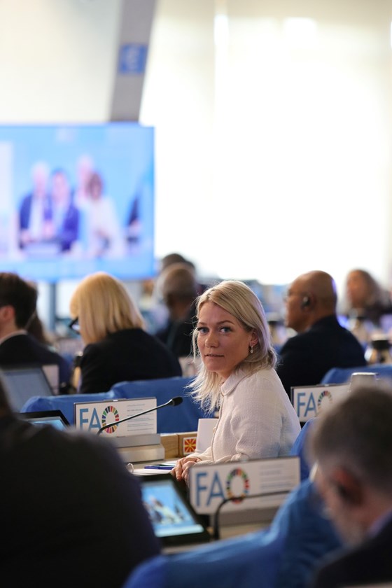 Landbruks- og matminister Sandra Borch holder hovedinnlegget på vegne av Norge under FAOs Generalkonferanse. 