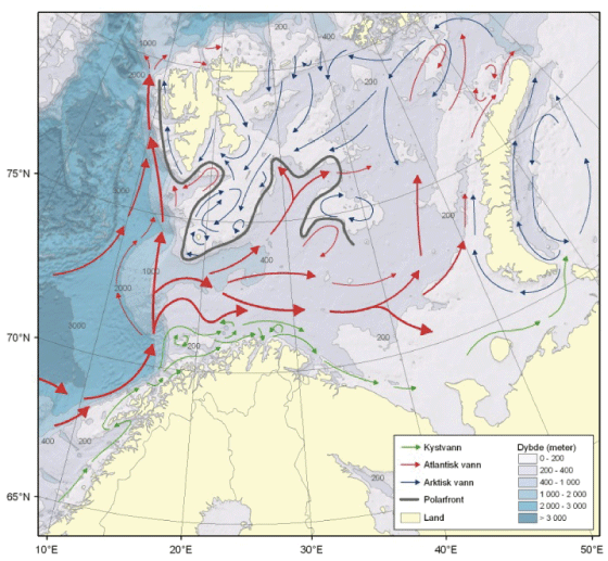 Figur 4.1 Barentshavet – straumar og djupn
