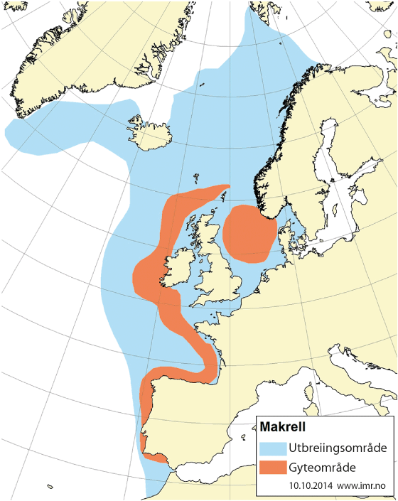 Figur 4.29 Utbreiingsområde og gyteområde for nordaustatlantisk makrell