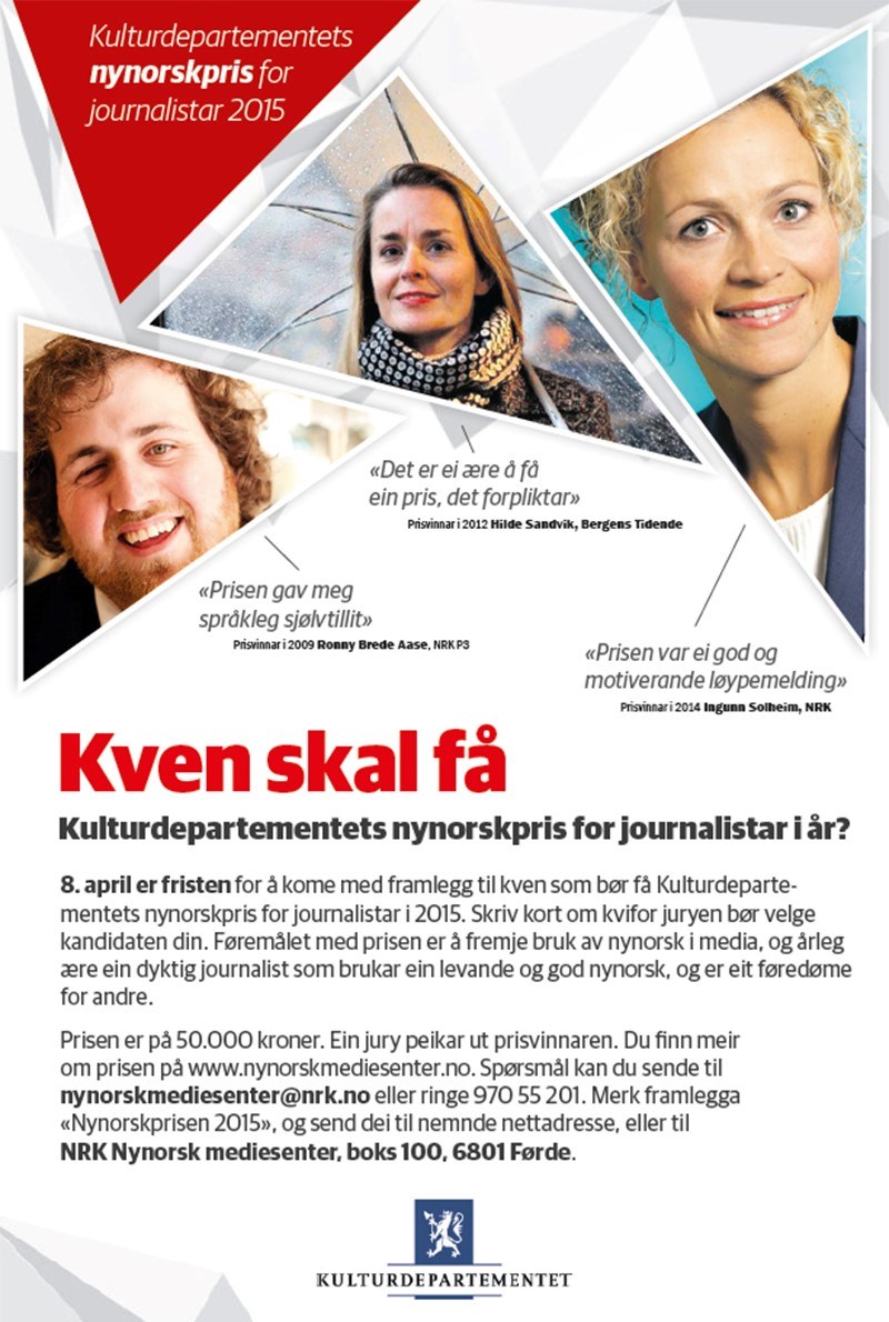 Annonse for Kulturdepartementets nynorskpris for journalistar 2015