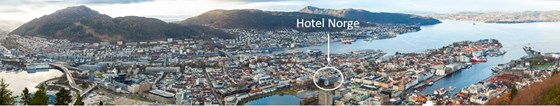 Panoramabilde over Bergen by med markering av hotel Norge