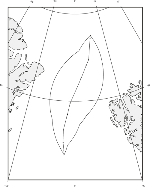 Figur 4.1 Angjeldende havområde med inntegning av de overlappende
200 milsoner og avtalens grenselinje.