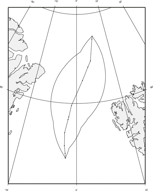 Figur 4.1 Angjeldende havområde med inntegning av de overlappende
 200 milsoner og avtalens grenselinje.