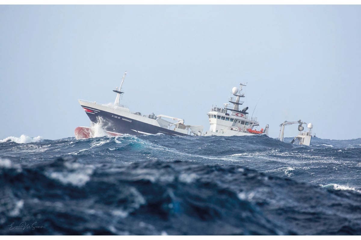 Figur 3.6 Den pelagiske trålaren Hardhaus ventar på at vêret skal spakne under kolmulefiske vest om Irland i februar 2020.
