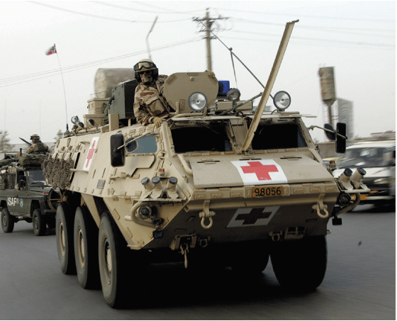 Figure 10.4 An armoured ambulance marked with the Geneva cross. These emblems were removed from Norway’s medical vehicles in Afghanistan from 2011. 
