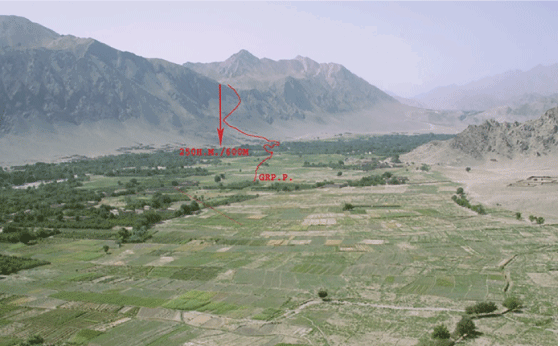 Figure 5.7 The lines show the Norwegian team’s route to its target and indicate the 600-m altitude differential on its descent. GRP.P is the rendezvous point where the team made its final preparations. 
