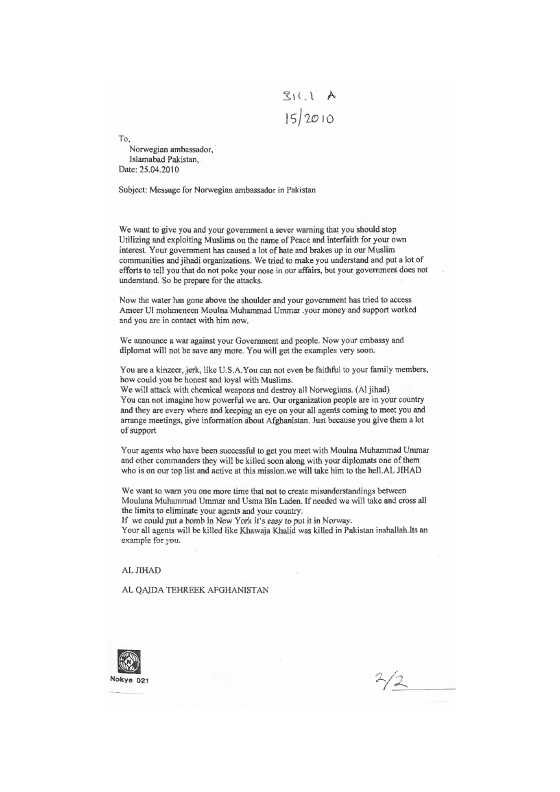 Figure 9.2 In April 2010 the Norwegian Embassy in Islamabad received this threatening letter signed by the ‘al-Qaeda movement in Afghanistan’. In the letter the group threatens terrible revenge unless Norway stops creating ‘misunderstandings’ between Mullah Oma...