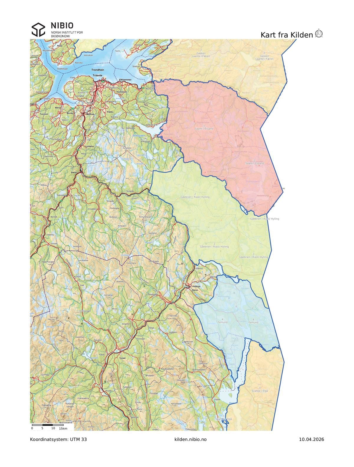 Kart som viser Saanti sijte, Gåebrien sijte og Femund reinbeitedistrikt